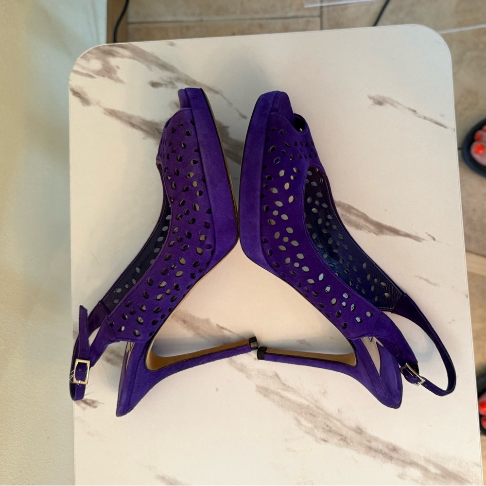 Jimmy Choo Nova Purple Suede Lazer Cut Heels, Size 37 (7 US,) EUC - Picture 3 of 10